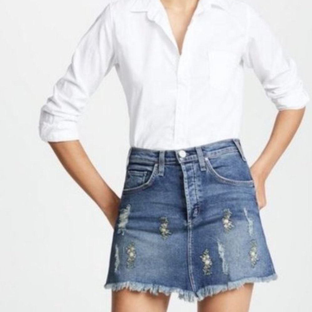 McGuire Izabel Floral Embroidered Denim Skirt